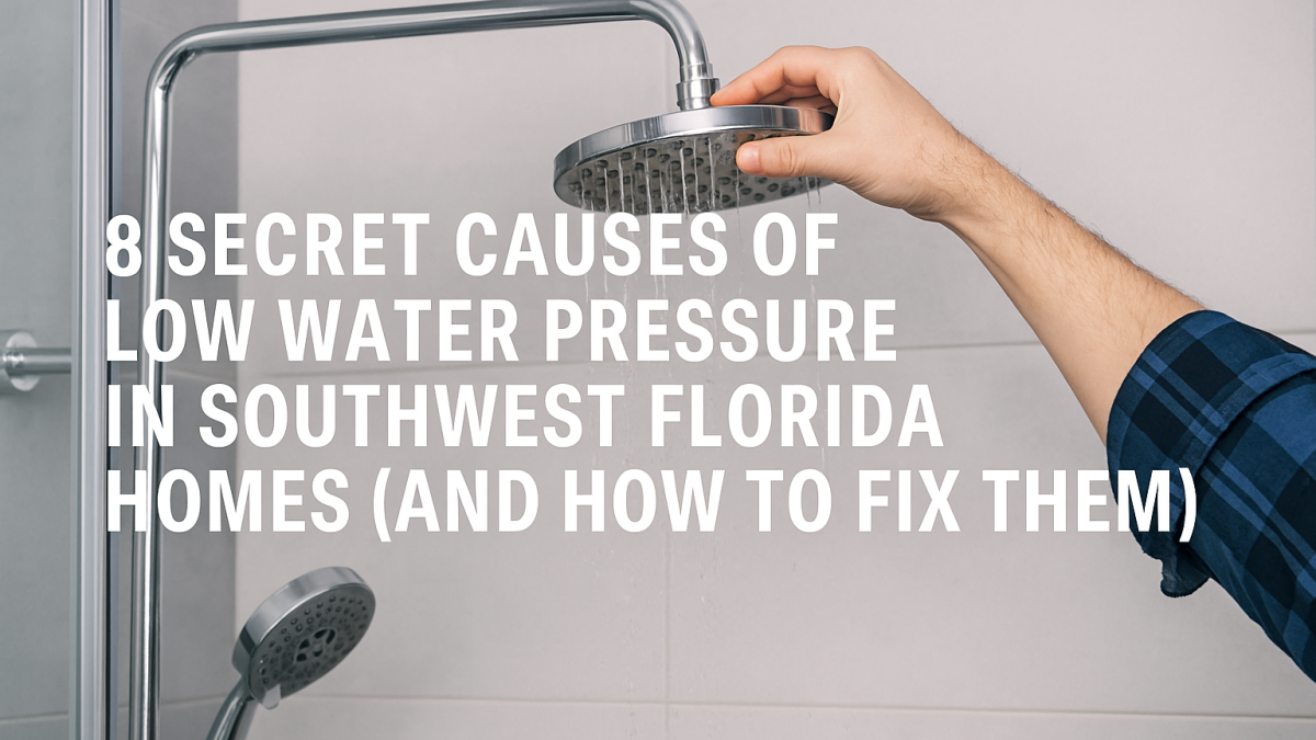 A realistic photo of a plumber’s hand adjusting a chrome showerhead in a modern bathroom, representing low water pressure issues in Southwest Florida homes. The image is in landscape orientation, suitable for a blog post and Google update, with clear text overlay of the title “8 Secret Causes of Low Water Pressure in Southwest Florida Homes (and How to Fix Them).”