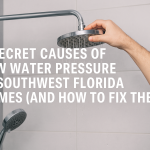 A realistic photo of a plumber’s hand adjusting a chrome showerhead in a modern bathroom, representing low water pressure issues in Southwest Florida homes. The image is in landscape orientation, suitable for a blog post and Google update, with clear text overlay of the title “8 Secret Causes of Low Water Pressure in Southwest Florida Homes (and How to Fix Them).”