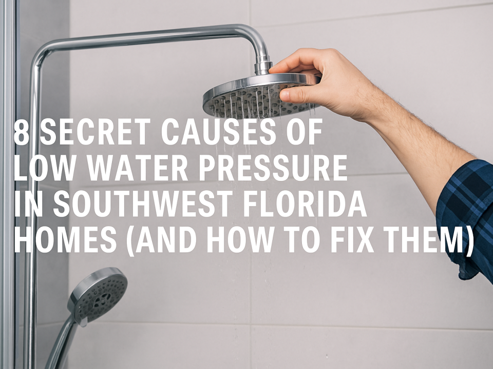 A realistic photo of a plumber’s hand adjusting a chrome showerhead in a modern bathroom, representing low water pressure issues in Southwest Florida homes. The image is in landscape orientation, suitable for a blog post and Google update, with clear text overlay of the title “8 Secret Causes of Low Water Pressure in Southwest Florida Homes (and How to Fix Them).”