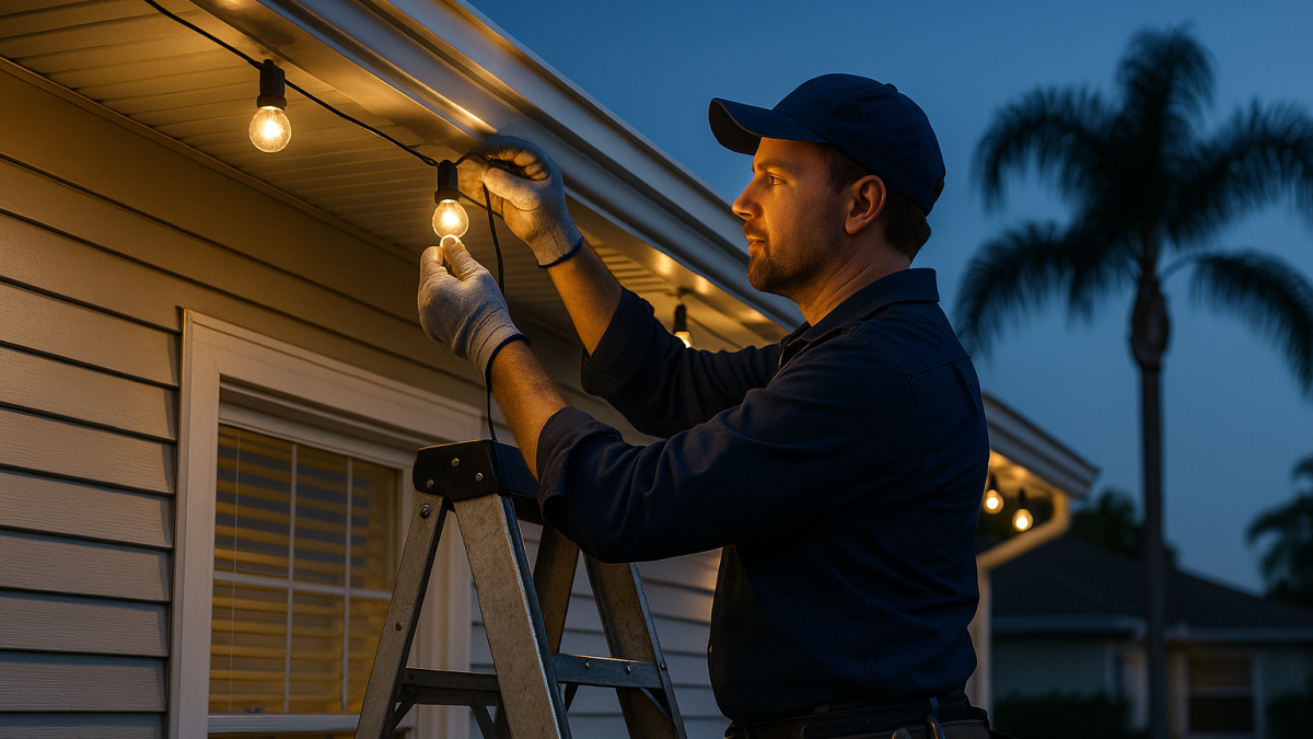 A realistic photo of an electrician installing holiday lighting outdoor string lights on a Florida-style home at dusk. The scene shows palm trees in the background, warm glowing bulbs, and the electrician ensuring the lights are safely secured—conveying professional electrical safety and holiday preparation.